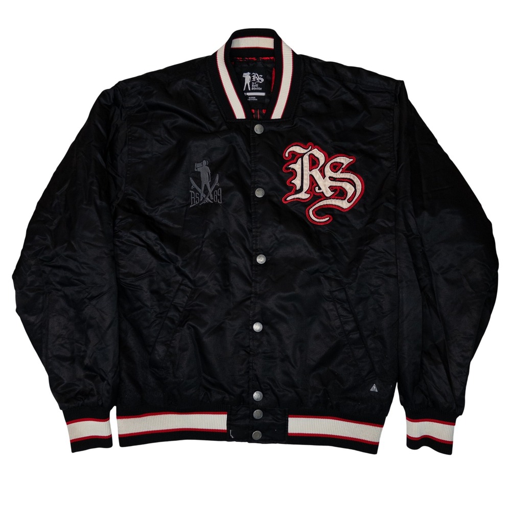 RS Ryan Sheckler Varsity Jacket Mens L Black Red Satin Bomber Good Skater Y2K